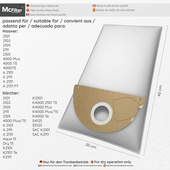McFilter | 10 Staubsaugerbeutel geeignet für Kärcher K2101 K2301 K4000 Plus A2101 2101 Hoover H33 St