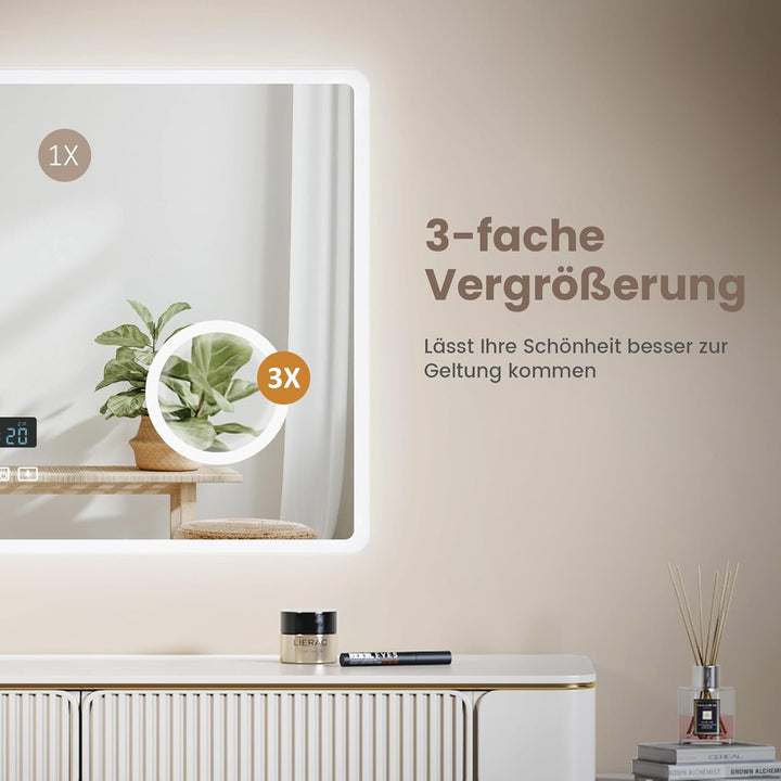 EMKE® 7 in 1 Badspiegel mit Beleuchtung 100x60cm Badezimmerspiegel 3000K/4000K/6500K Touch+Dimmbar+B