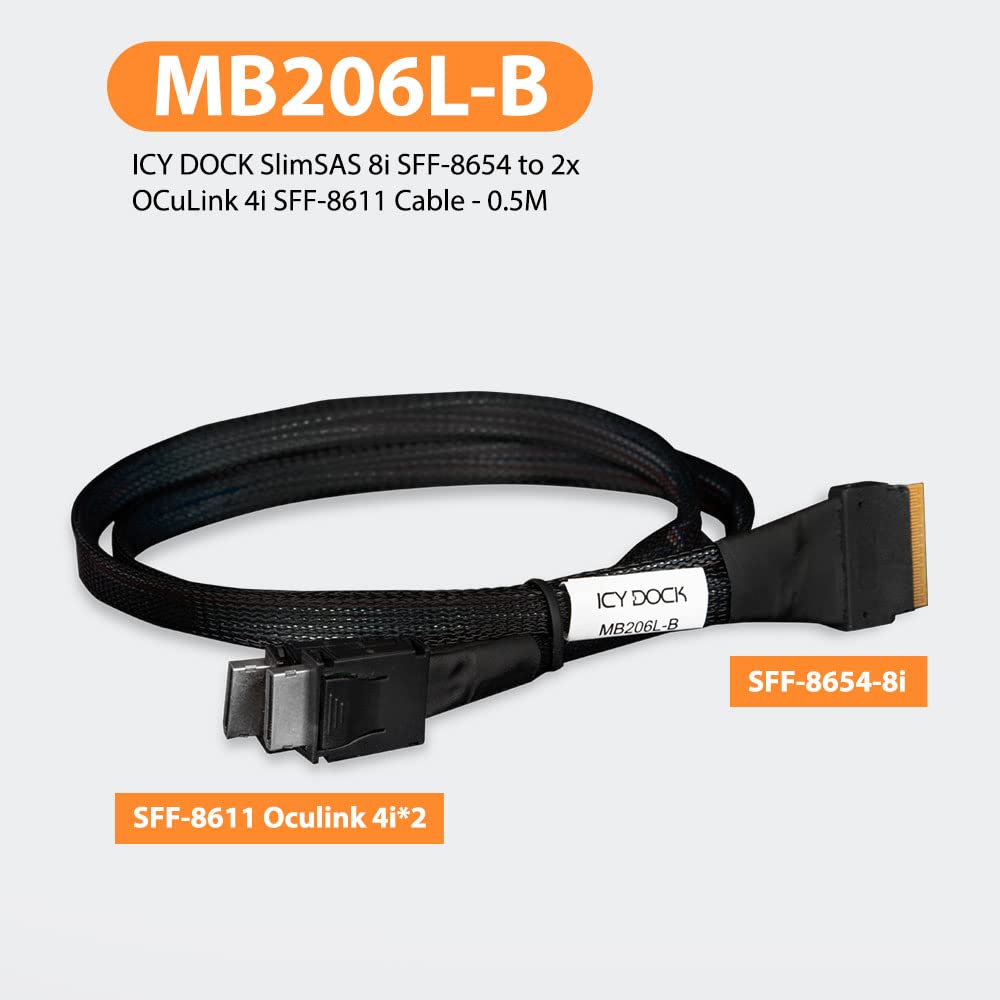 ICY DOCK SlimSAS 8i SFF-8654 zu 2x OCuLink 4i SFF-8611 Kabel 50cm schwarz Kabel SlimSAS 8i zu 2x OCu