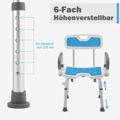 UISEBRT Duschstuhl mit Abnehmbaren Armlehnen und Rückenlehne, Duschhocker Höhenverstellbar Badhocker