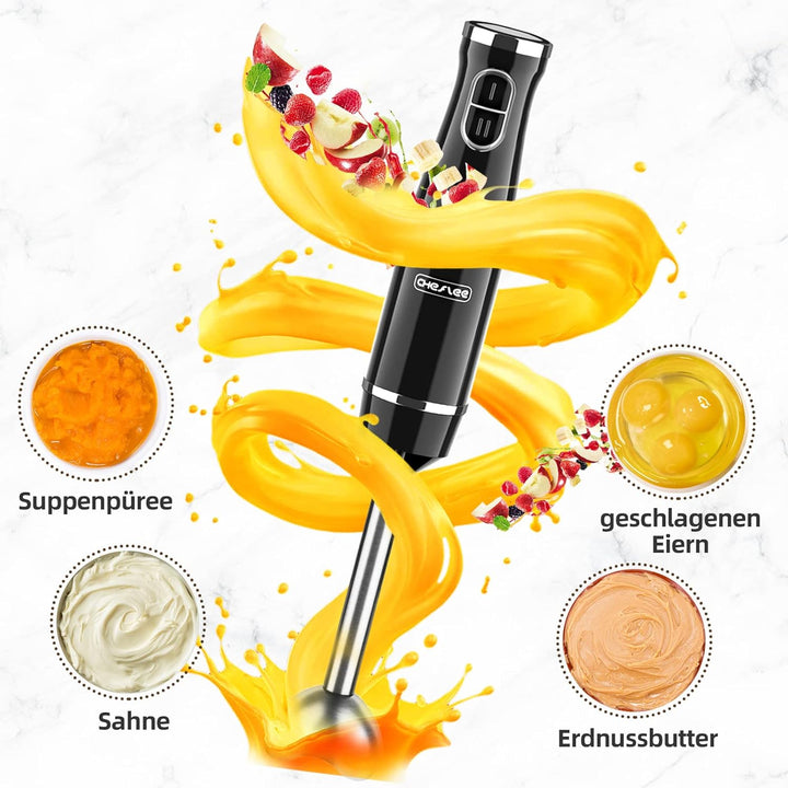 CHeflee Stabmixer Set 5 in 1 (800 Watt) Pürierstab, mit Edelstahl Mixfuss, Schneebesen, Milchaufschä