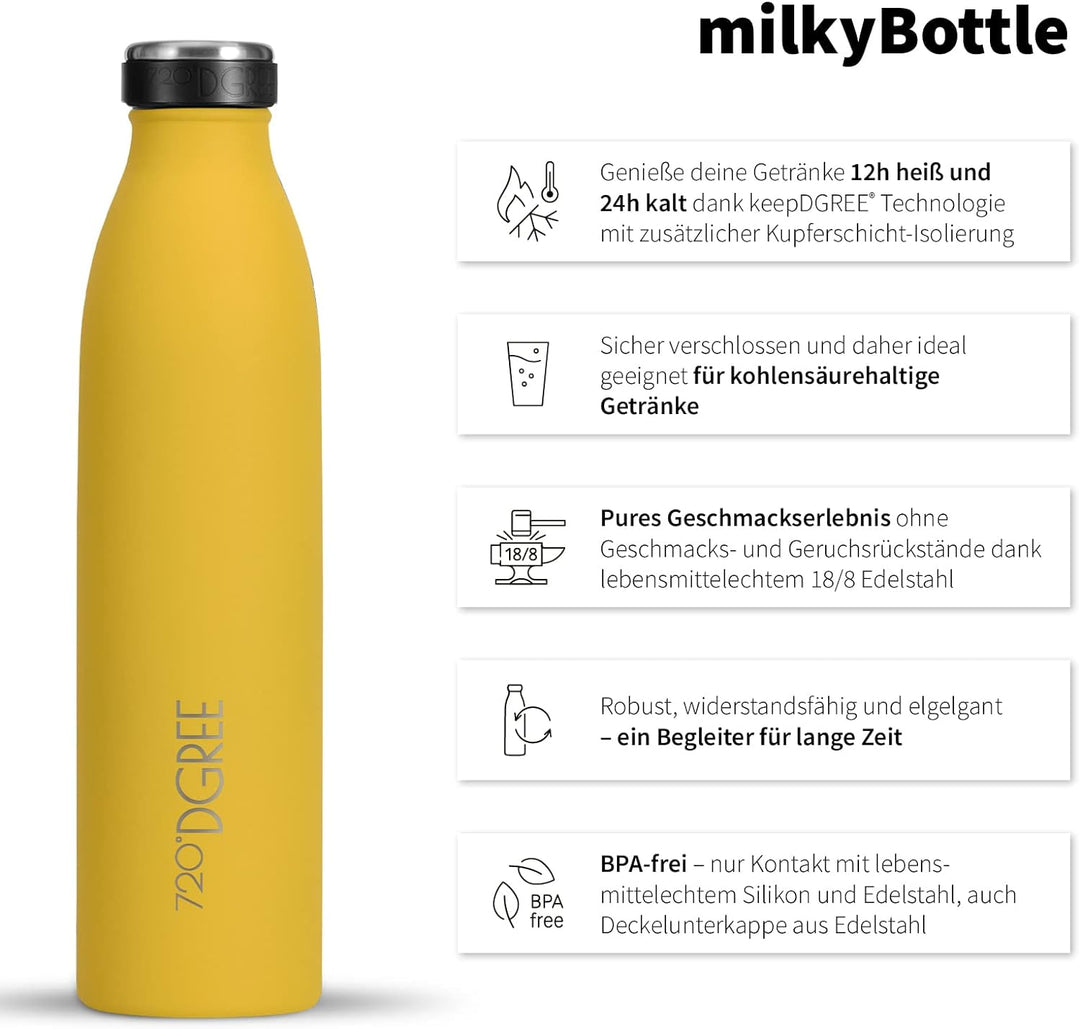 720°DGREE Edelstahl Trinkflasche “milkyBottle” - 1L - BPA-Frei, Auslaufsicher, Kohlensäure geeignet