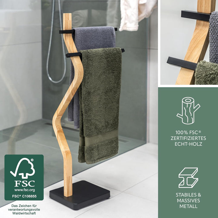 eluno Stand-Handtuchhalter freistehend, 2 Stangen für Handtücher, moderner Handtuchständer aus FSC-z