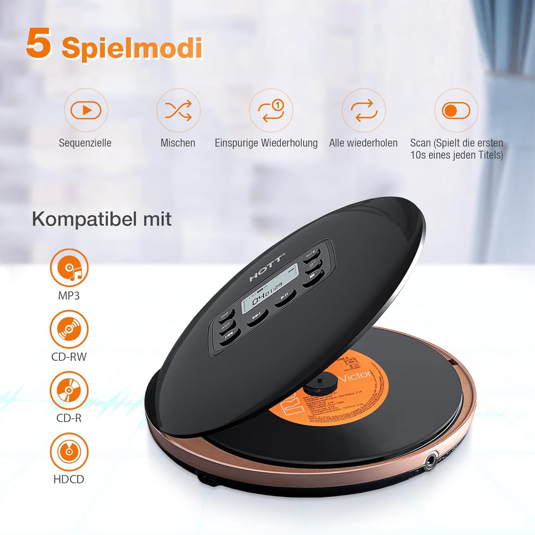 CD Player Tragbar, Tragbarer CD Player mit Bluetooth, Aufladbar CD-Player mit Kopfhörer und AUX Lini