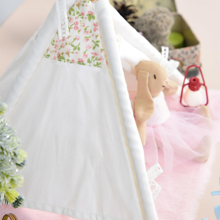 1:12 Puppenhausmöbel Zelt, Fee Stil Miniatur Spitzenzelt mit Teppich, Puppenhaus Zubehör Camping Bet