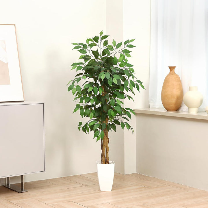 Kazeila Künstliche Pflanzen Gross 120cm Ficus Kunstpflanze mit Weiss Topf Fake Plastikpflanzen für H