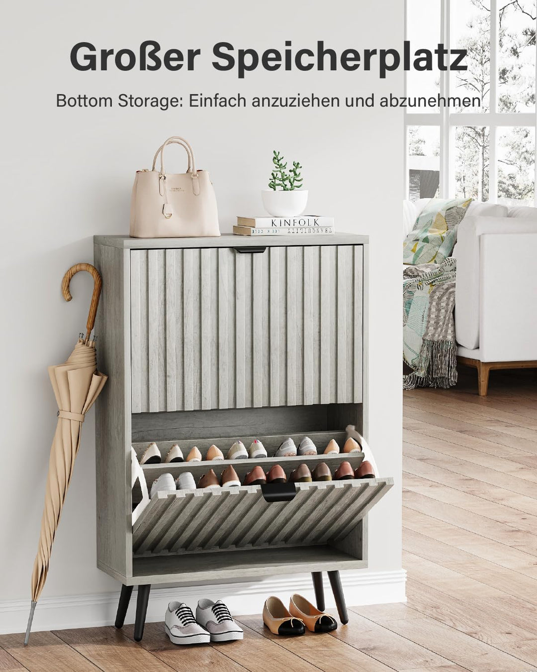 Smart FENDEE Schuhschrank schmal 2 Klappen, 24cm Tiefe in Hellgrau Holzoptik, 4 verstellbare Fächer,