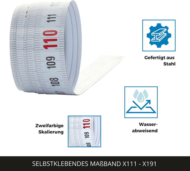 hedue® selbstklebendes Massband 2 m X121 - Massband selbstklebend , von rechts nach links