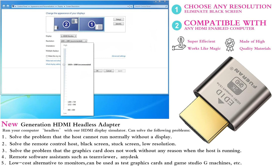 HDMI Dummy Plug Headless Ghost Display Emulator Premium Aluminum PC（Fit Headless-1920x1080 New 4RD@6