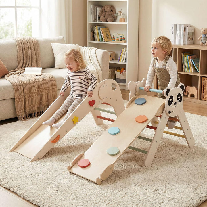 FANTASK Kletterdreiecke Indoor 3er Set, Klappbares Klettergerüst Holz mit Rutsche, Rampe & Kletterle