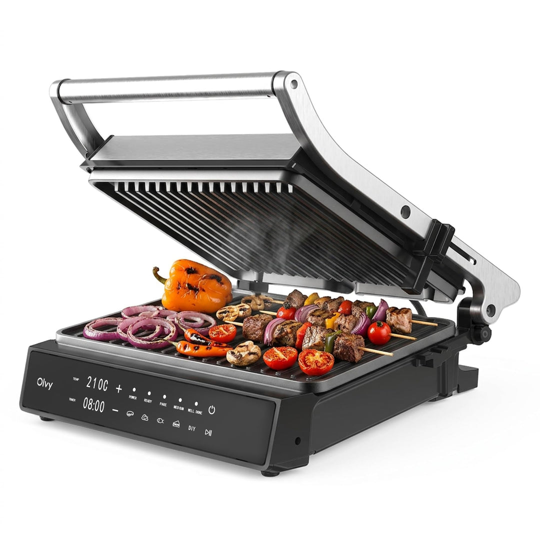 Olvy Kontaktgrill mit Touchscreen – PFAS-frei – 5 Automatische Programme – 180° Öffnung, 2000 W – Ab