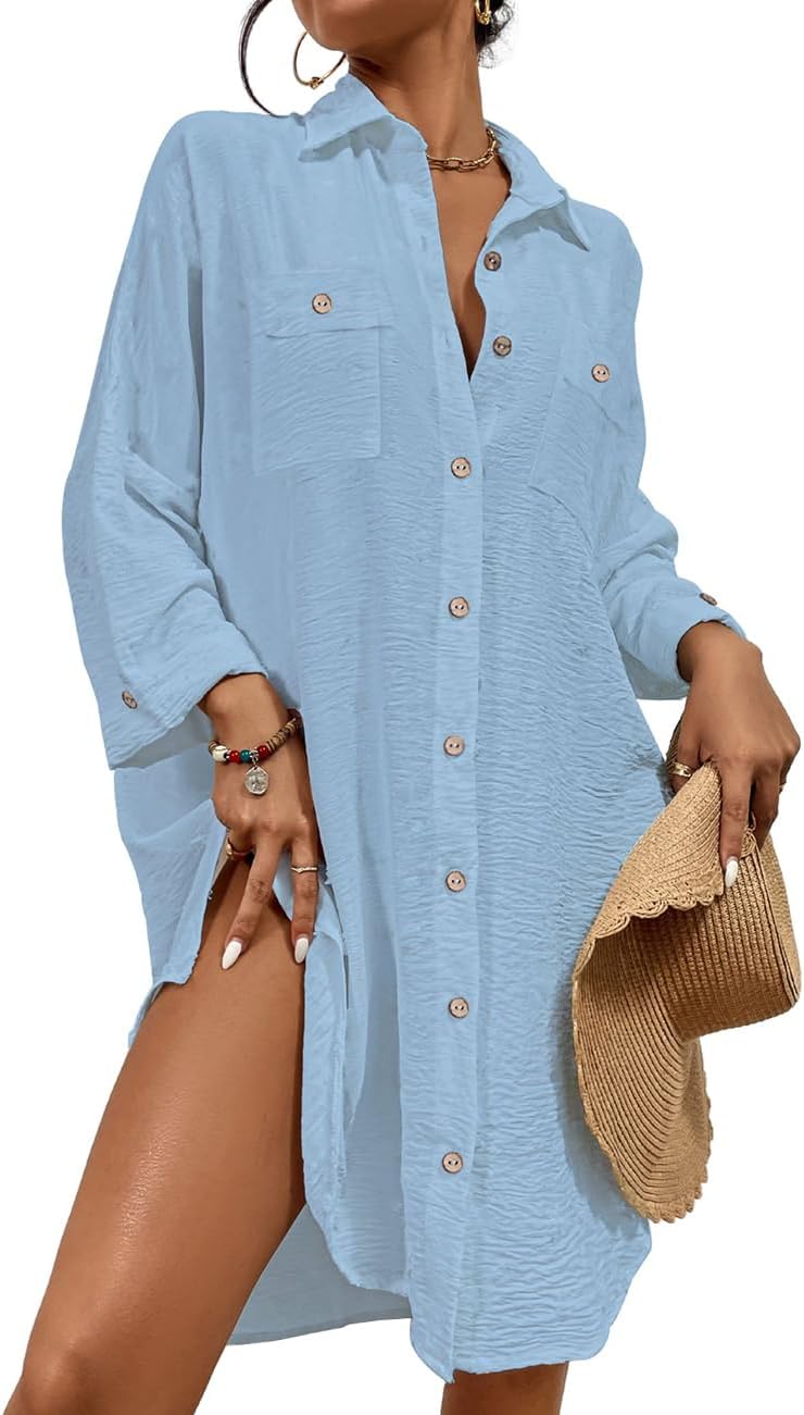 Frauen Badeanzug Coverup Shirt Kleid Button Down Badeanzug Cover Up Beachwear, B-hell Blau M