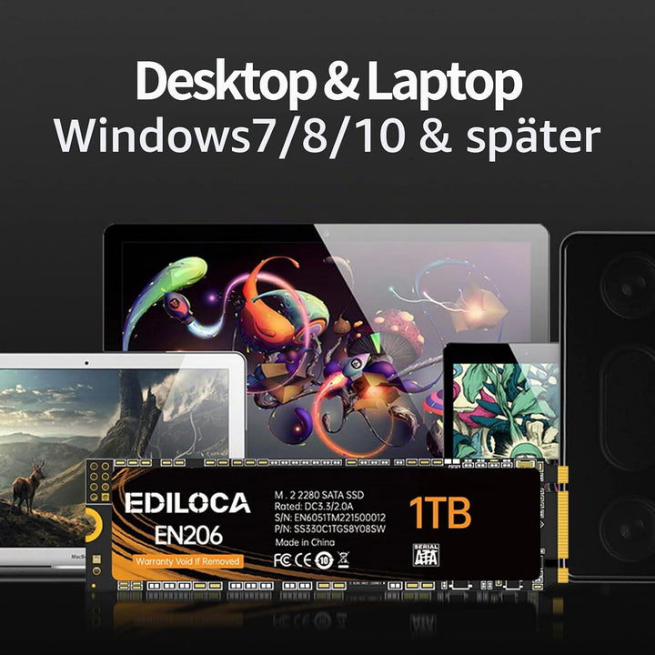 Ediloca EN206 1TB 3D NAND M.2 SSD, M.2 2280 SATA III 6Gb/s SSD interne Festplatte, Lese-/Schreibgesc