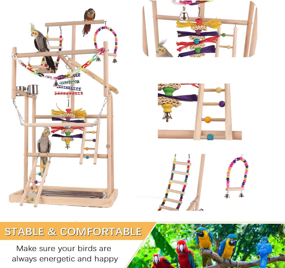 TOOSOAR Vogelspielplatz aus Holz,mit Edelstahl-Feeder-Cup,Bunte Kunststoffkette für Haustiere,für Pa