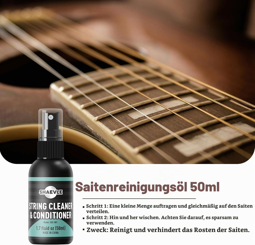 Akustikgitarre Reinigungsset, ALL IN ONE Gitarren-Pflegeset INKL. Gitarrenpolitur, Griffbrett-Zitron