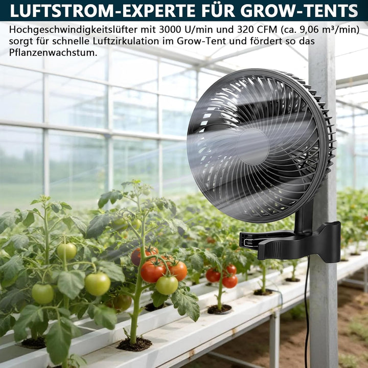 XIIW Grow Ventilator Oszillierend mit Clip, EC-Motor, 10 Stufen, 300 cm Kabel, 15 cm Durchmesser, 54