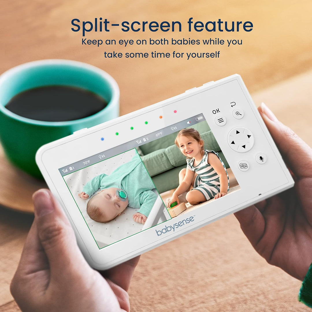 Babysense Babymonitor mit Geteilter Bildschirm 4,3“, Video Babyphone mit zwei Kameras, PTZ-Funktion,
