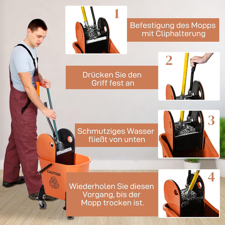 HOMCOM Professionelle Reinigungswagen Kapazität 26L Abnehmbare Wringer mit Rädern 44 × 36 × 90cm Ora