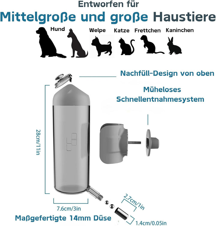 Hunde Trinkflasche [Grau, 700ml] Haustier Wasserspender Auslaufsichere Hund Katzen Kaninchen Käfig W