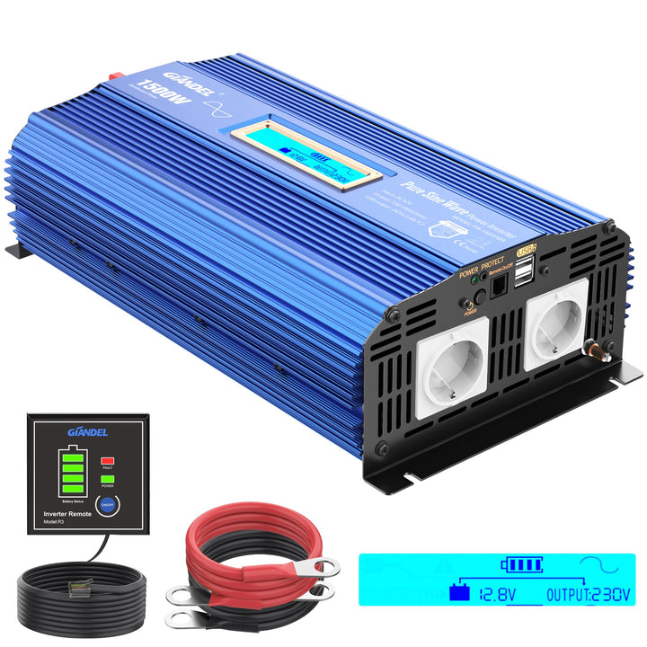 Reiner Sinus Wechselrichter 1500W Spannungswandler 12V auf 230V Power Inverter mit 2 AC-Steckdosen 2