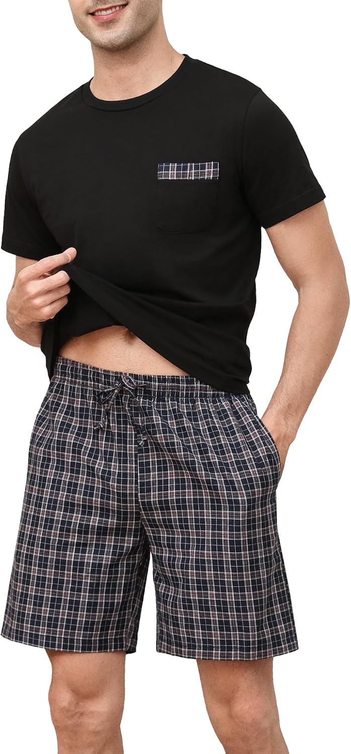 Schlafanzug Herren Kurz Pyjama 100% Baumwolle Kurzarm Nachtwäsche Nightwear Set mit Rundhals Design