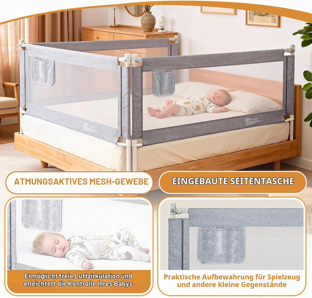 Huracan Bettgitter Baby 200cm, Höhenverstellbarer Rausfallschutz Bett für Boxspringbett, Elternbett,