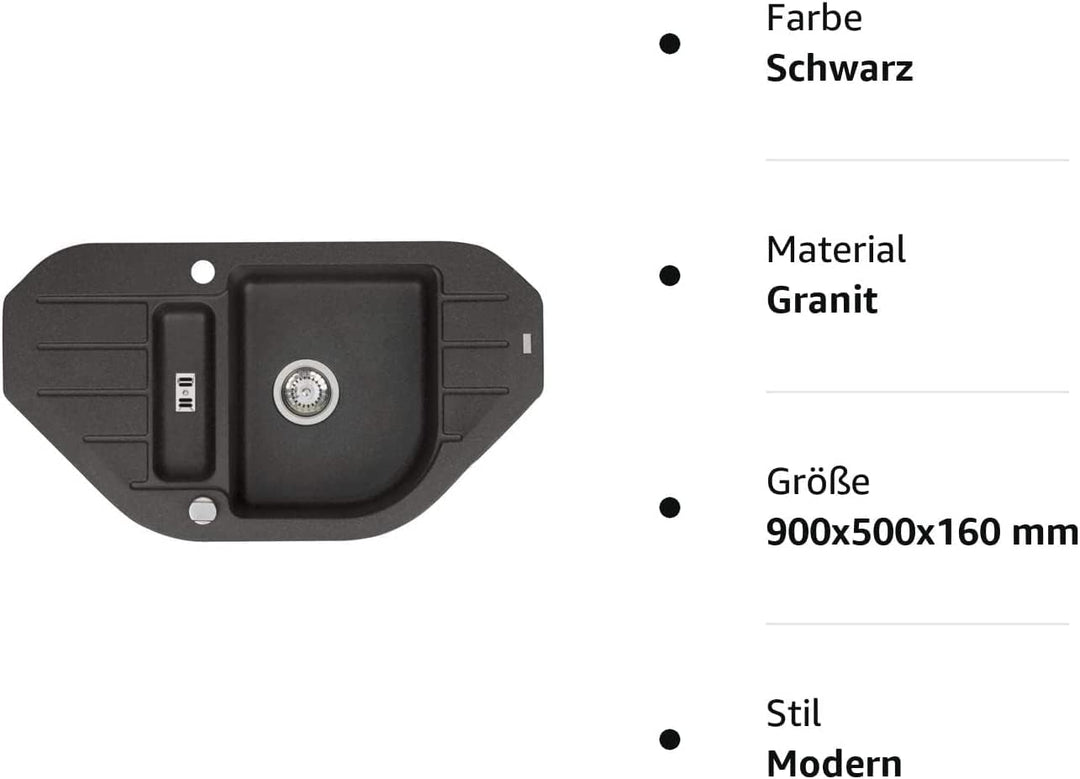 VBChome Spülbecken 90x50 cm Schwarz Granit 1,5 Becken 1,5 Abtropffläche Einbauspüle gesprenelt Ecksp
