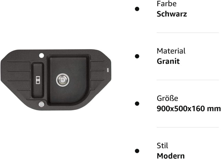 VBChome Spülbecken 90x50 cm Schwarz Granit 1,5 Becken 1,5 Abtropffläche Einbauspüle gesprenelt Ecksp