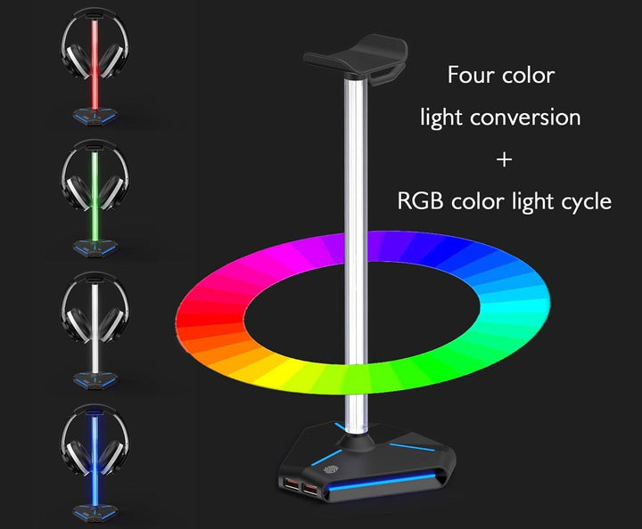 ALACOO RGB Kopfhörer Ständer, Headset Halterung Halter mit 2 USB 2.0-Anschlüssen, Typ C Eingang & Au