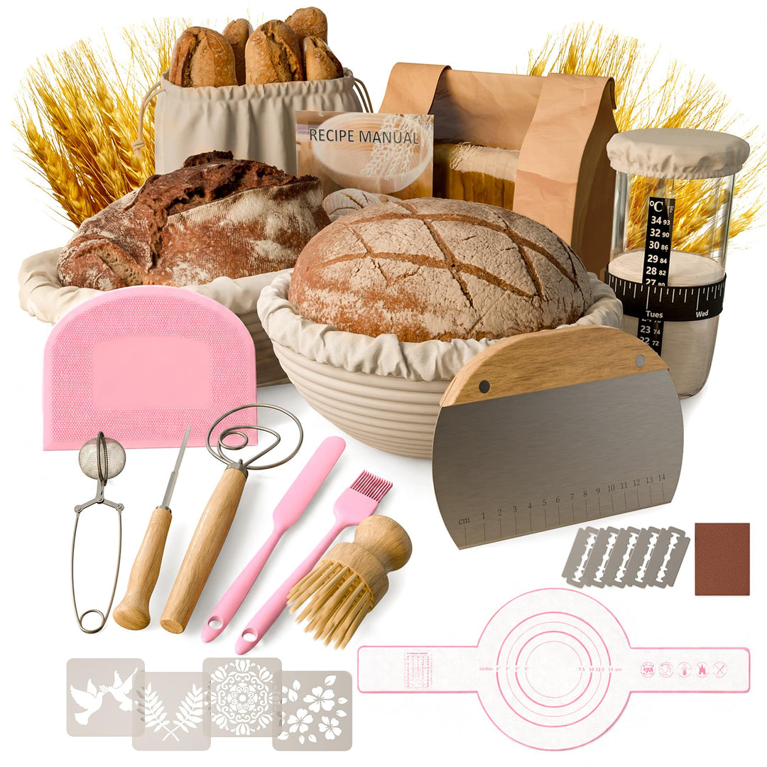 Brot Gärkorb Sauerteig Starter Set,25 cm &amp; 23 cm Proofing Basket Bread Baking with Sourdough Starter