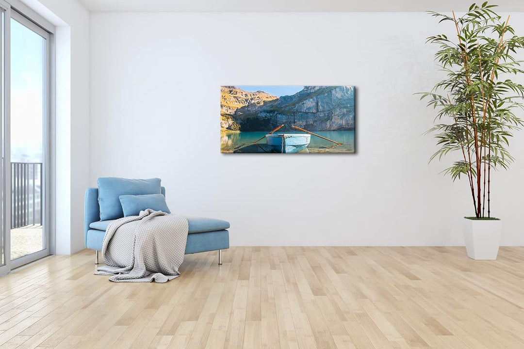 Traumhaftes Boot am See Panorama 100x50 cm als Leinwandbild, Motiv fertig gerahmt auf Echtholzrahmen
