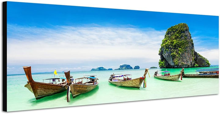 Paul Sinus Art Panoramabild auf Leinwand und Keilrahmen 150x50cm Thailand Fels Strand Meer Boote