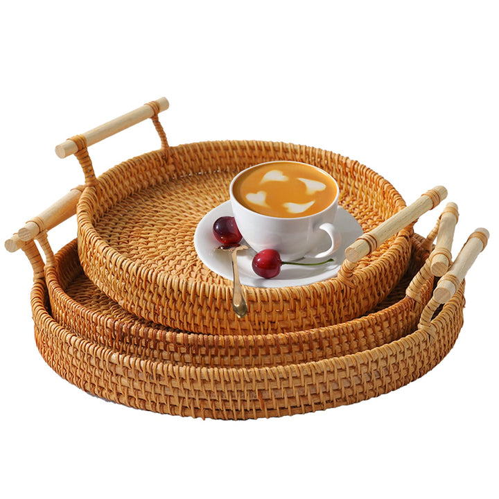 Rattan Rundes Serviertablett mit Griffen 3er-Set,Handgewebtes Rattan Tablett Wicker Tablett, Gewebte