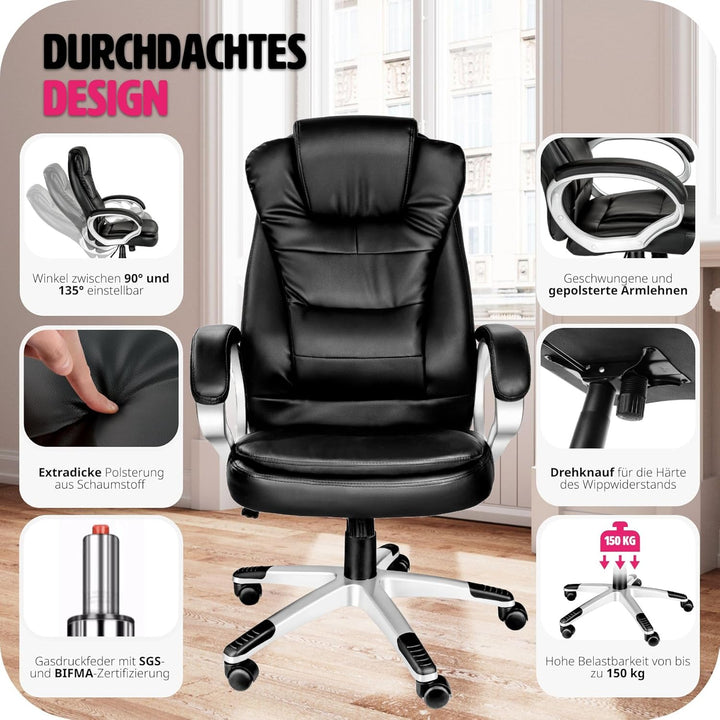 tectake Chefsessel, Bürostuhl ergonomisch, Drehstuhl mit Rollen, Gaming Stuhl, hohe Rückenlehne und