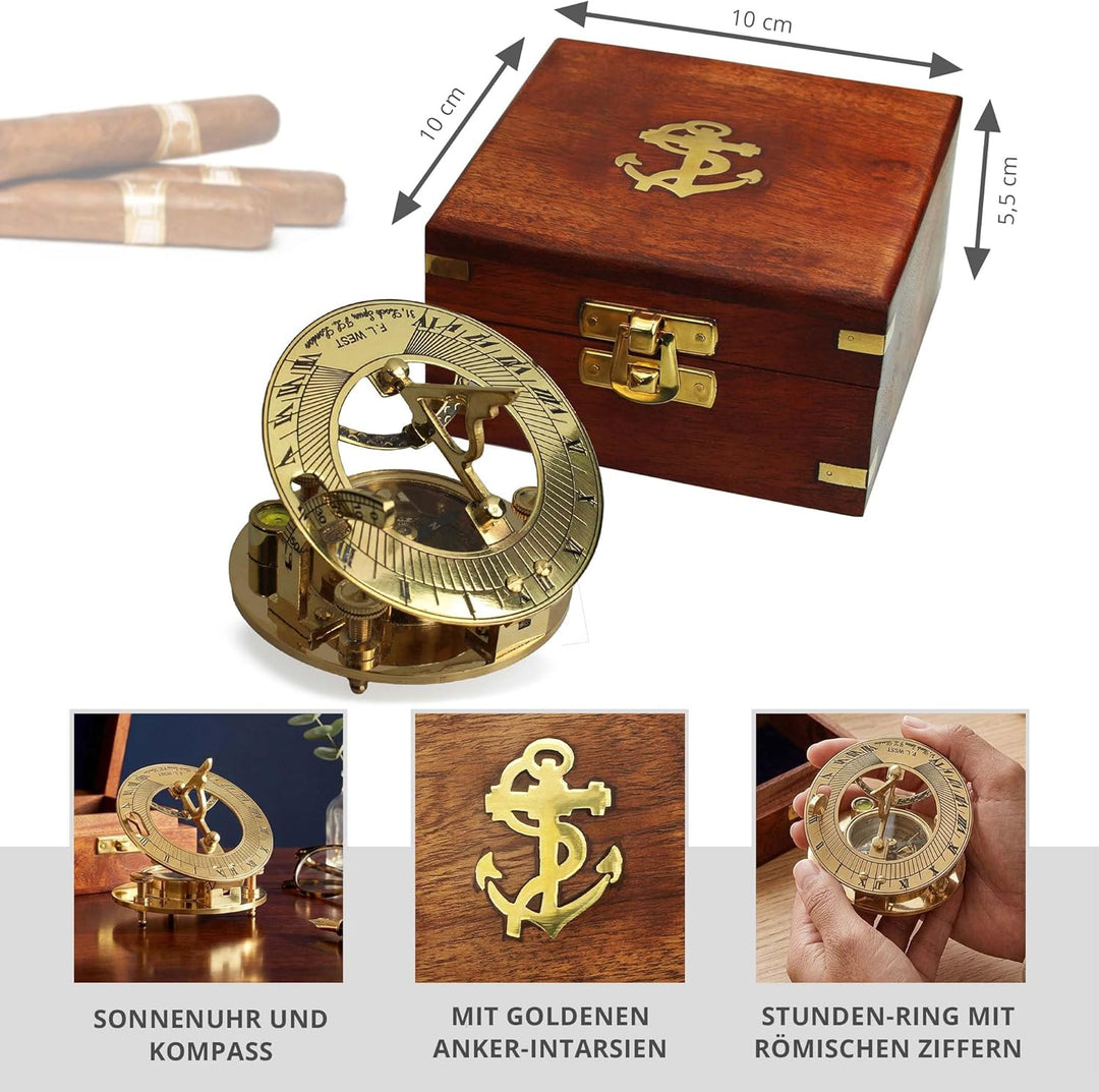 Casa Vivente Sonnenuhr-Kompass aus Messing mit eleganter Holzbox, Nautische Geschenkidee, Ohne Gravu