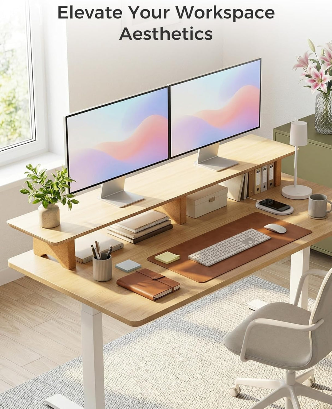 Aothia Grosser Monitor-Ständer für Computerbildschirme,Holz-Riser mit nachhaltigen Korkblockbeinen f