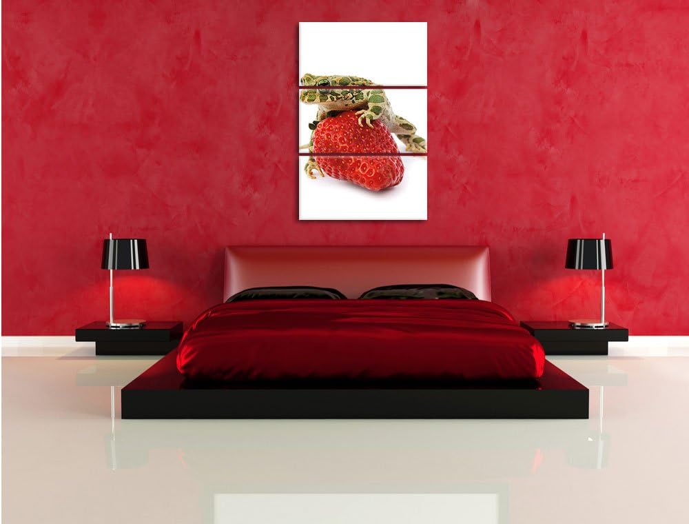 Pixxprint Erdbeere mit Frosch als Leinwandbild/Grösse: 3 Teilig (120x80) cm/Wandbild/Kunstdruck/fert