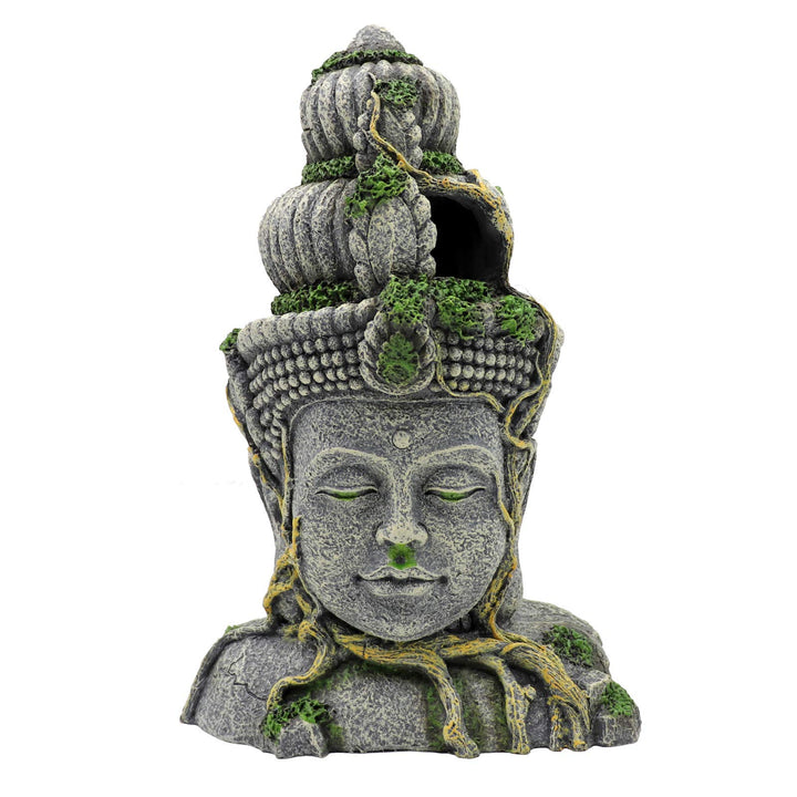 MUYIRTED Buddha Aquarium Dekoration Höhle Grosse Aquarium Ornamente, Grüne Moos Pflanze Bedeckt Stei