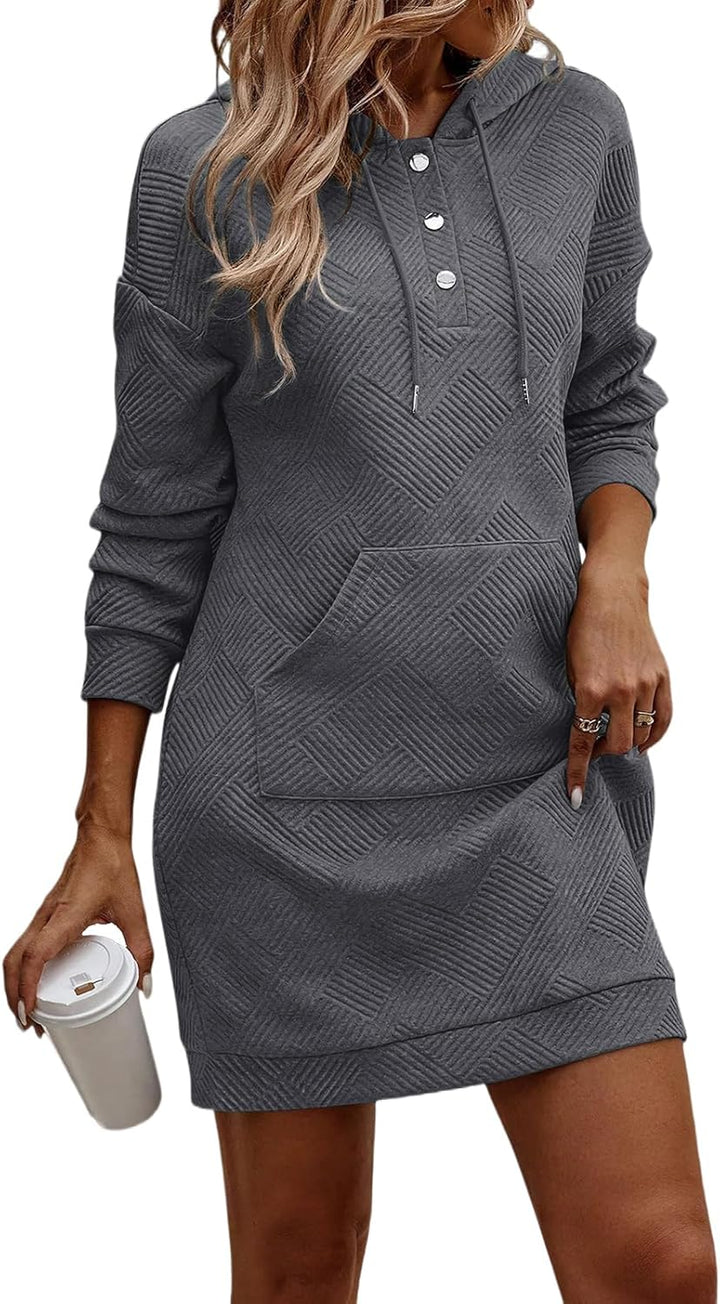 TrendiMax Damen Hoodie Kleid Herbst Übergangs Kapuzenpullover Sweatkleid Textur Knopf Langarm Sweats