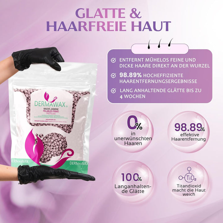 Dermawax Mauve Jasmin Wachs Filmwachs Heisswachs Waxing Perlen Wachsperlen Anwendung ohne Wachsstrei
