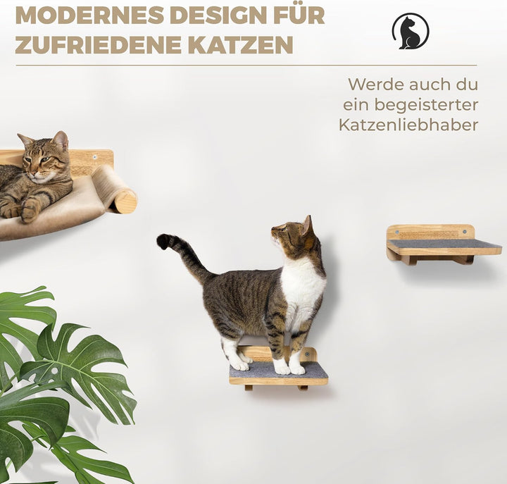 WOOWOOD® Kletterwand Katzen inkl. 2X Katzentreppe Wand [Massivholz] I Kratzbaum Wand I Hängematte Ka