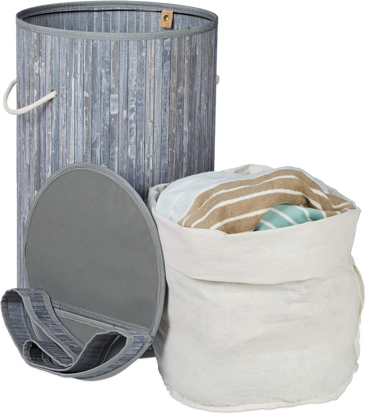 Relaxdays Wäschekorb Bambus, runder Wäschesammler mit Klappdeckel, 65 l, faltbare Wäschetonne, gross