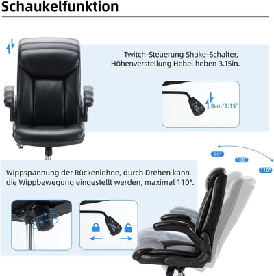 MZLEE Bürostuhl Ergonomischer Schreibtischstuhl PU Leder Drehstuhl mit hochklappbarer Armlehne, höhe