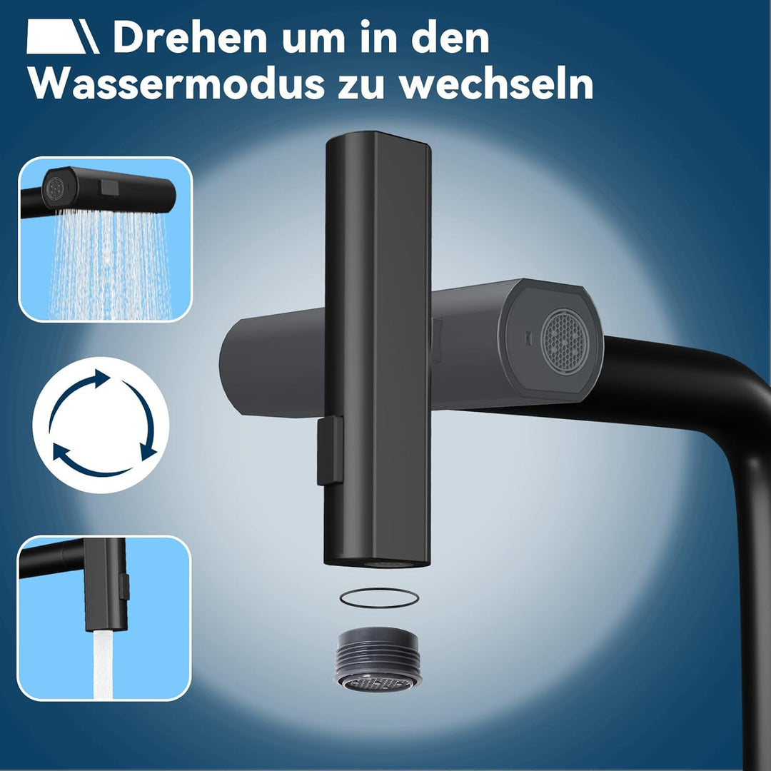 Wasserhahn Küche Küchenarmatur Schwarz - Waterfall Spültischarmatur Ausziehbar mit Brause Mischbatte