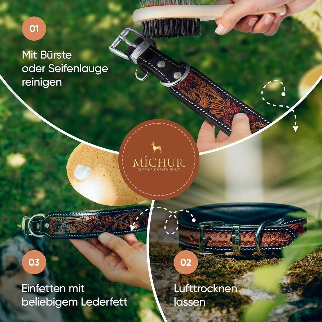 MICHUR Flora Hundehalsband Leder, Lederhalsband Hund, Halsband, SCHWARZ Rot Braun, Leder, mit roten