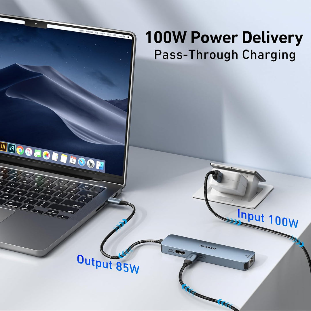 BENFEI 6in1 USB C HUB mit HDMI 4K@60Hz/ Gigabit Ethernet/100W PD Stromversorgung/3*USB A 5Gbps [Sili