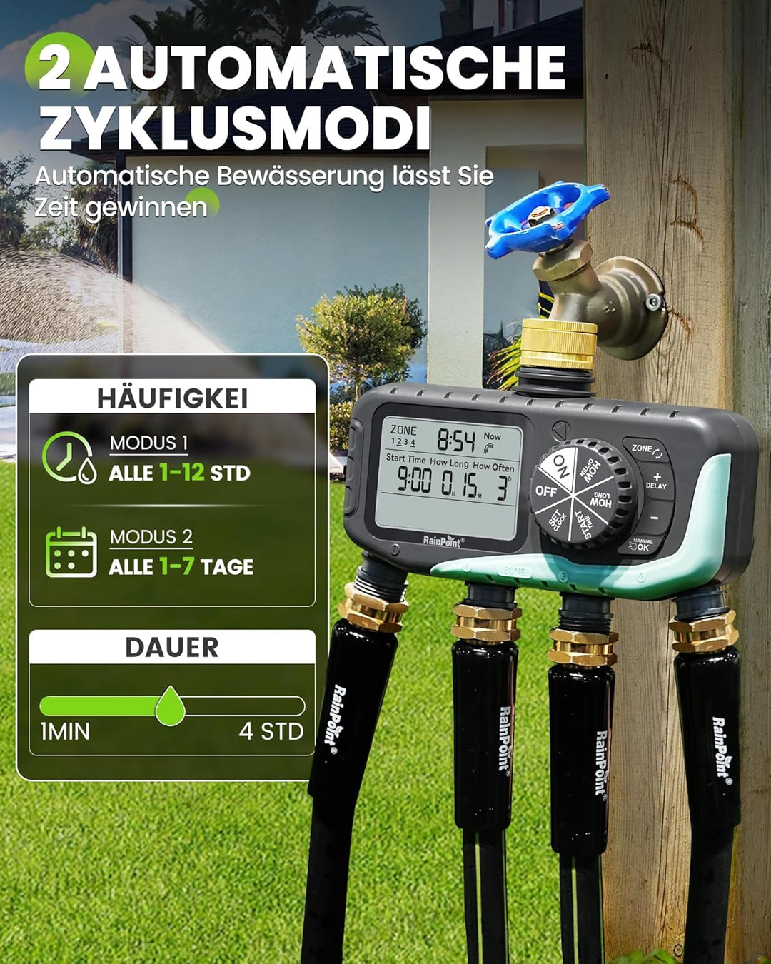 RAINPOINT Bewässerungscomputer 4 Ausgänge, Messingeinlass, IP65 Wasserdicht Wasserzeitschaltuhr mit