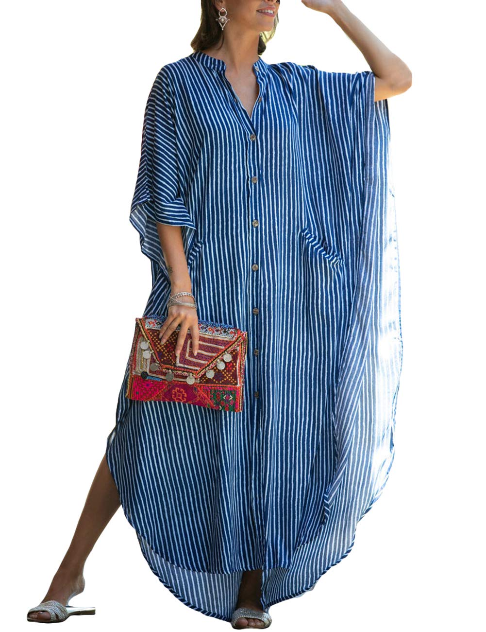Damen Beachwear Türkische Kaftans Lange Strandkleid Caftan Beach Dress A-blau, A-blau