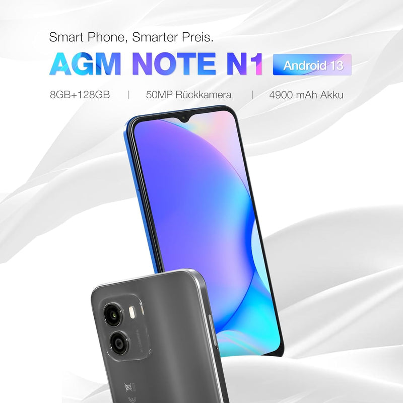 AGM Note N1 Smartphone Ohne Vertrag (2023), Android 13 Handy, 8 GB + 128 GB, Dual 50 MP Kamera + 2 M