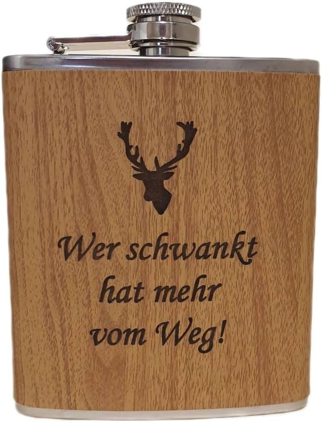 Edelstahl Flachmann 170ml in Holzoptik – Ideal für Unterwegs, Robust & Langlebig, Trinkflasche, Gesc